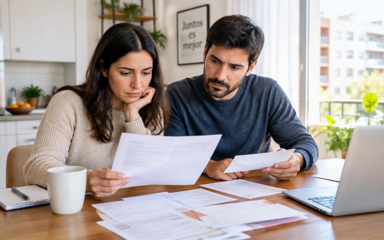 Pareja revisando las cartas del banco sobre el embargo de su piso